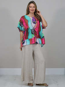 Italian Made Linen/Viscose Blend Geo Faces Top ~ Fuschia