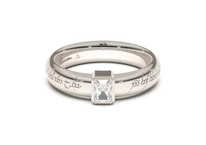 Elvish Inspired Engagement Over 500: Emerald Cut Modern Elvish Engagement Ring, White Gold & Platinum