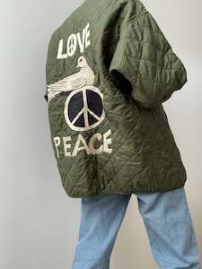 Upcycled: Love Peace Quilted Embroidered Jacket Green