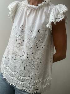 Sea NY Broderie Anglaise Frill Neck Blouse White