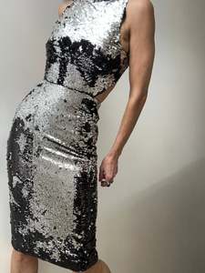 Ganni: Ganni Highneck Backless Sequin Dress Black & Silver