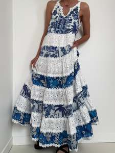 Farm Rio: Mixed White And Blue Prints Maxi Dress