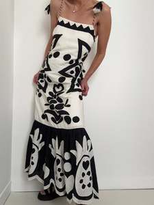 Farm Rio: Square Neck Linen Patchwork Midi Dress