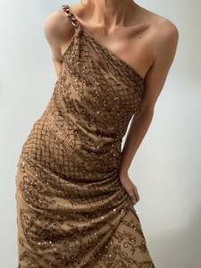 Ralph Lauren: Chain Shoulder Bronze Sequin Gown