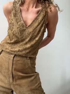 Beaded Mesh Sleeveless  Top Gold