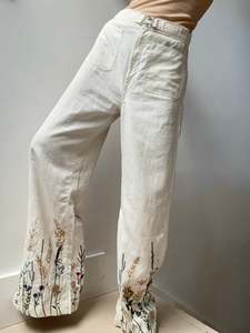 Embroidered Hemp Wide Leg Pant