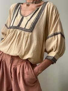 Cotton Bib Blouse in Biege