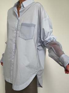 Oversized Fit Blouse In Cotton Poplin And Organza Blue