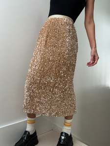Bottoms: Champagne Sequin Midi Skirt