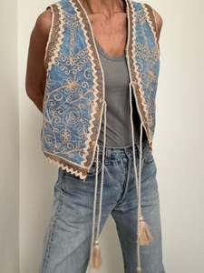 Handmade Embroidered Denim Vest Tan