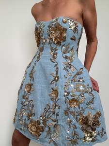 Dresses: 3D Floral Gold Denim Mini Dress