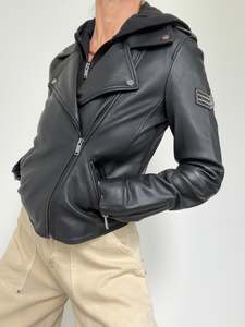 High Neck Lined Notched Collar Leather Jacket