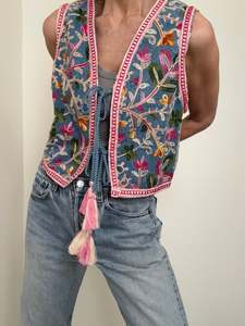 Handmade Embroidered Denim Vest Floral