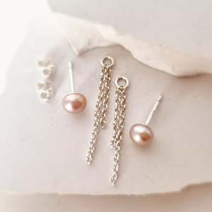 Earrings: Pink Pearl Stud with Chain Detail