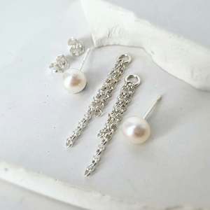 Earrings: White Pearl Stud with Chain Detail