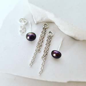 Earrings: Black Pearl Stud with Chain Detail