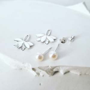 Earrings: White Pearl Stud with Layered Leaf Piece