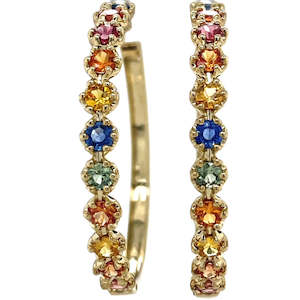 Earrings: 9k Yellow Gold Multi Colour Sapphires Hoop Earrings