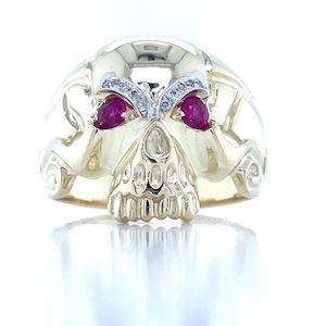 Diamonds: 9K Yellow Gold Ruby & Diamond Skull Ring