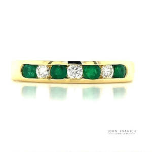 Anniversary Rings: 18k Yellow Gold 4=0.32ct Emeralds & Diamonds Channel Band Ring