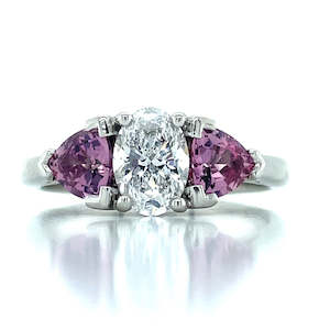 'Isabeau' Platinum 0.81ct Oval Diamond & Padparadscha Sapphires Ring