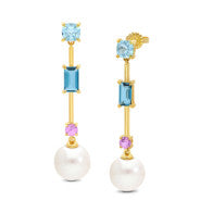 Jewellery Pearls: 9k Yellow Gold FW Pearl Sapphire & Topaz Drop Earrings