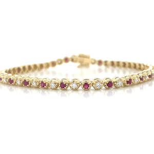 Jewellery Ruby: 18k Yellow Gold Ruby &t Diamonds Tennis Bracelet