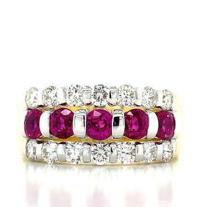 Jewellery Ruby: 9k B/Tn 5=1.32ct Rubies & Diamonds Ring