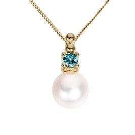 Jewellery Pearls: 9k Yellow Gold FW Pearl & London Blue Topaz Pendant