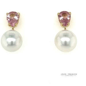 Mothers Day Gifts: 18k Yellow Gold 2.05ct Pink Tourmaline & South Seas Pearl Earrings