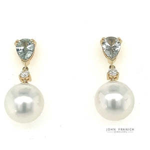 Mothers Day Gifts: 18k Yellow Gold South Seas Pearls, Green Sapphires & Diamonds Drop Earrings
