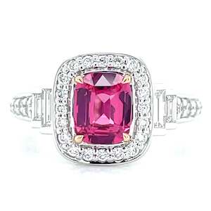 'Sandi' Platinum/18k Gold Pink Spinel (Mahenge) Baguette & Round Diamonds Ring
