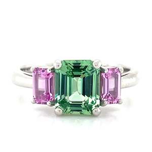 'Phoebe' Platinum 1.78ct Cushion Green Tourmaline & Pink Sapphires Ring