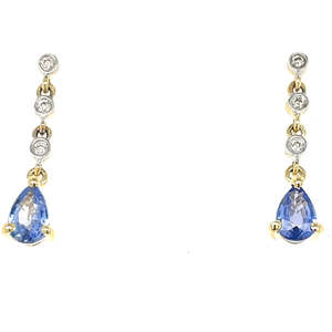 Mothers Day Gifts: 9k Yellow Gold 0.89ct Sapphires & 6=0.06ct Diamonds Drop Earrings