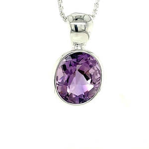 Necklaces Pendants: Stg Silver 12x10mm Oval Amethyst Pendant