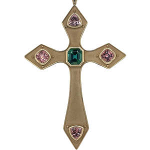 9K Yellow Gold Green & Pink Tourmaline Cross Pendant
