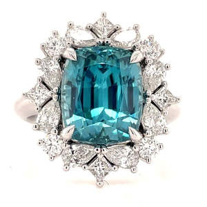 'Ocean Majesty' 18k White Gold 7.61ct Blue Zircon & 1.20ct Diamonds Cluster Ring
