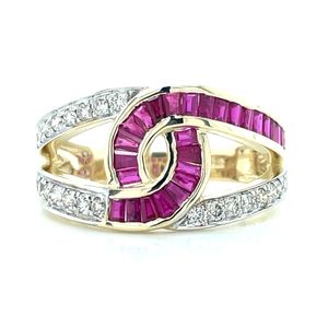 9k Yellow Gold Baguette Ruby & Diamond Knot Ring