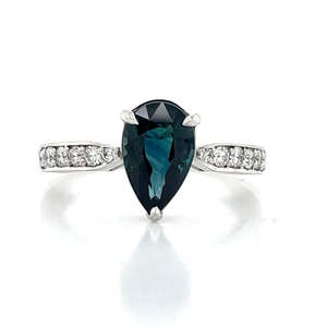 Rings: 18k White Gold 2.17ct Teal Pear Sapphire & Diamonds Ring