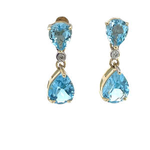 9k Yellow Gold Swiss Blue Topaz & Diamond Drop Earrings