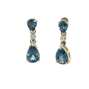 9k Yellow Gold London Blue Topaz & Diamond Drop Earrings