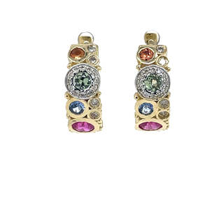 9k Yellow Gold 10=0.92ct Multi Colour Sapphires & 36=0.18ct Diamonds Huggie Earrings