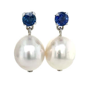 Jewellery Sapphire: 18k White Gold Sapphire & South Seas Pearl Drop Earrings