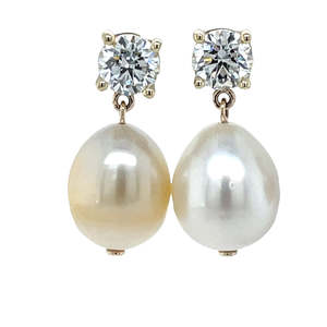 Diamond Jewellery: 9k Yellow Gold 2.05ct Lab Grown Diamonds & South Seas Pearl Drop Earrings
