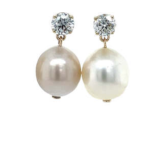 9K Yellow Gold Lab Grown Diamond & South Seas Pearl Drop Earrings