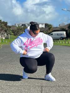 2025 Hoods: Pink Appliqué Graffiti Stitch White Hoody