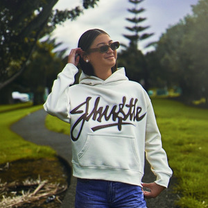 Hoodies: J-Hustle Chocolatée Graffiti Appliqué Hoodie – Cream