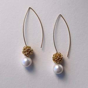 Gold Pearl and Wire Ball Earrings