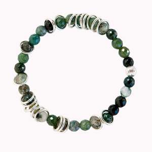 May Birthstone Agate: Silver Ring Bracelet - Moss Agate