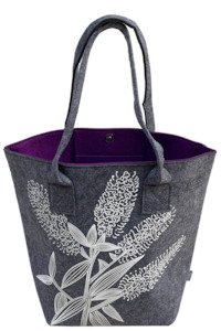 Felt Shoulder Totes: white koromiko on grey / purple